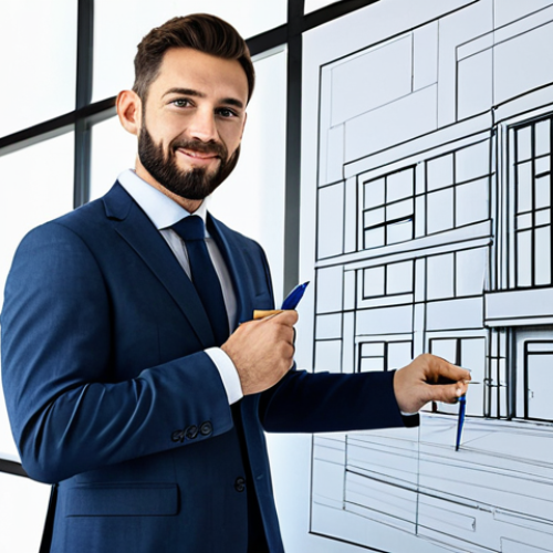 Home 6 **
"A professional architect, fully clothed in a tailored business suit, stands in front of a modern building blueprint, holding a pen, safe for work, appropriate content, perfect anatomy, correct proportions, natural pose, professional attire, modern architectural office, well-formed hands, proper finger count, natural body proportions, family-friendly, realistic rendering, high resolution."
**
