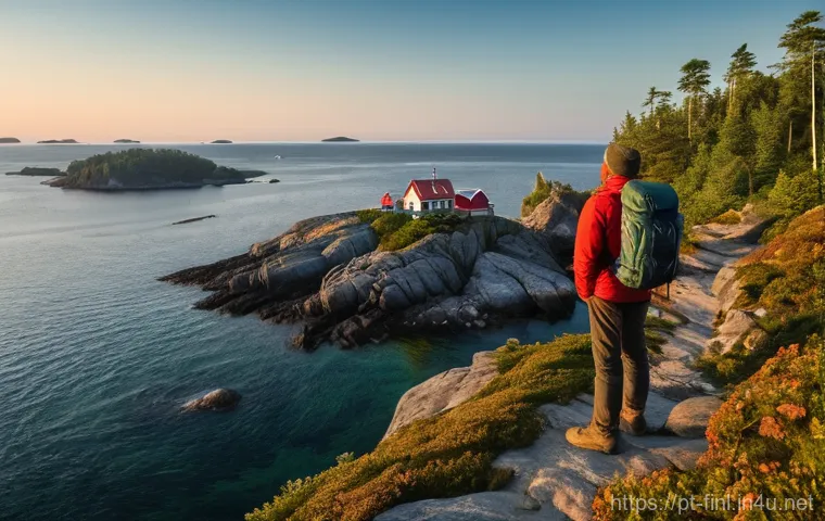 핀란드 산악 등반 및 하이킹 명소 - **Image Prompt: Serene Archipelago Coastal Hike at Sunset**
"A lone hiker, wearing practical and...