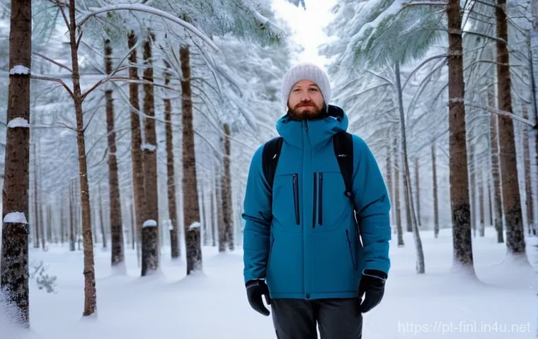 핀란드 겨울철 생존 전략 - **Prompt: Strategic Layering in Finnish Winter Forest**
A person, appearing to be in their 30s, ...