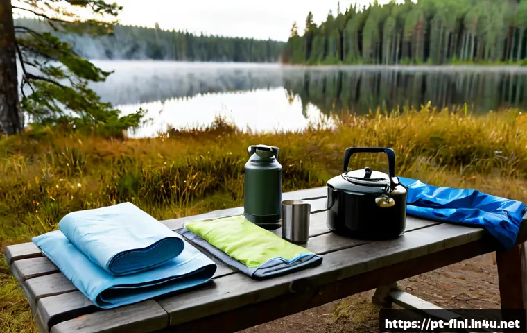 핀란드 캠핑 필수 준비물 - Photorealistic Finnish wilderness camping preparation scene, neatly arranged essential gear on a lar...
