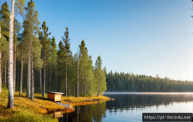 Home 17 핀란드의 환경 보호 정책 - Photorealistic wide landscape of a pristine Finnish boreal forest beside a crystal-clear lake, mixed...